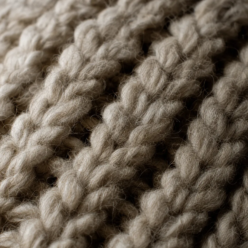 Extreme close-up of chunky oatmeal lambswool knit texture