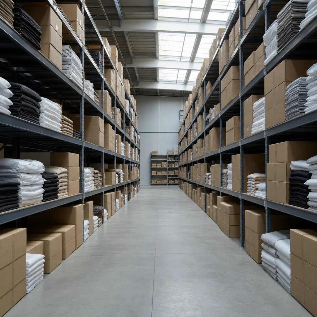 UrbanCore warehouse aisle with shelving of kraft apparel boxes and folded stock