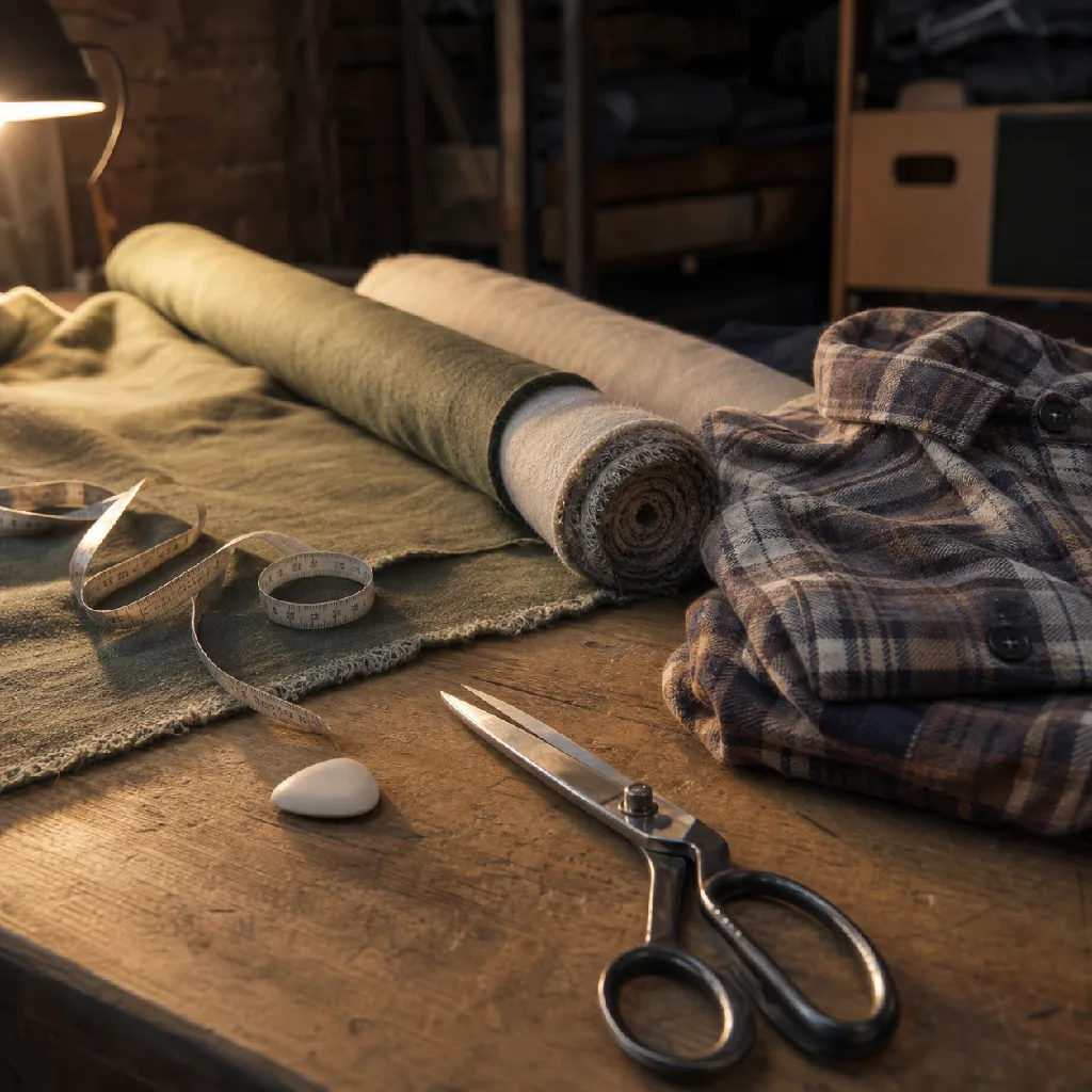A cutting and QC table with bolts of fabric, tape measure, chalk and scissors